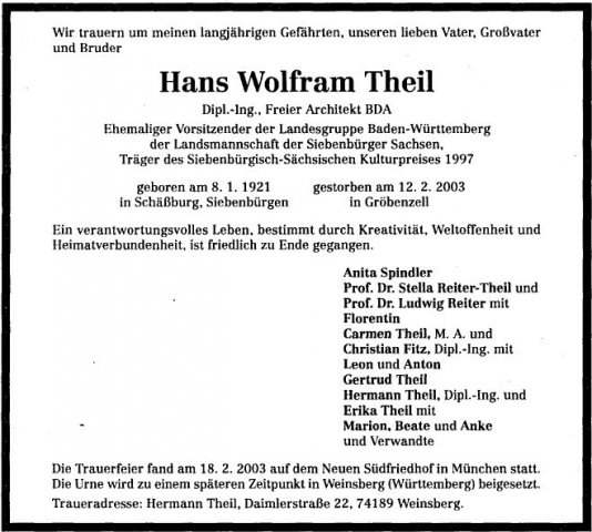 Theil Hans Wolfram 1921-2003 Todesanzeige